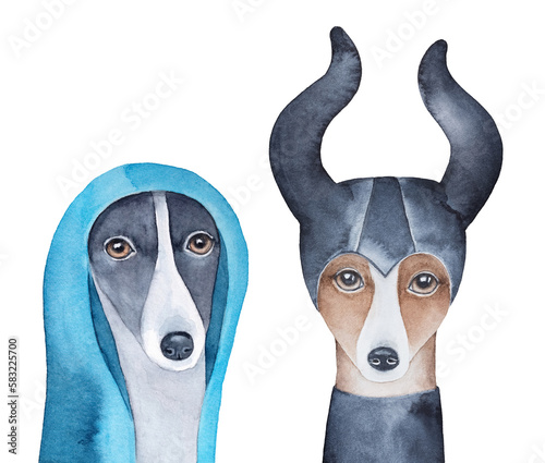 Fényképezés Watercolour illustration set of positive and negative whippet dog character, saint and sinner costumes, bad and good side concept