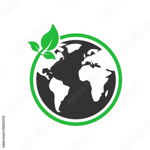 Green Planet Icon with Globe and plant symbol. Editable Vector Sign Design.