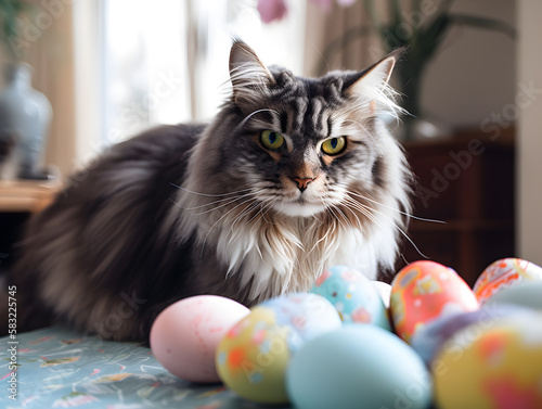 Fluffy cat next to easter eggs, Generative AI