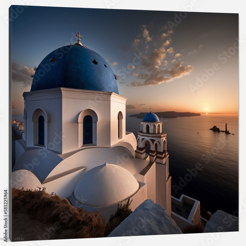 Enjoying the Sunset from the Blue Dome Church in Oia, Santorin, Greece. AI