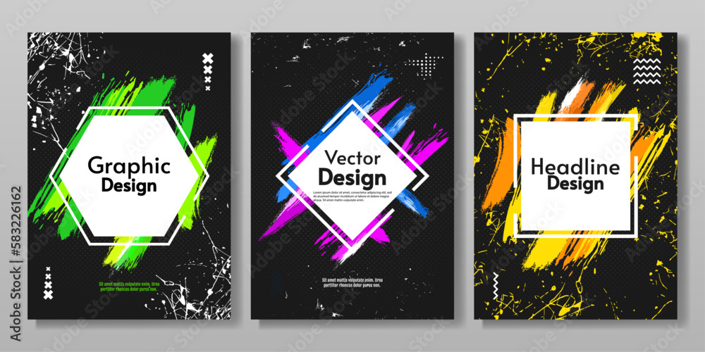 Naklejka premium Set of abstract posters with dark background. Vector illustration. Modern colors. Paint splash and scratches. Creative vector design for cover, poster, brochure.