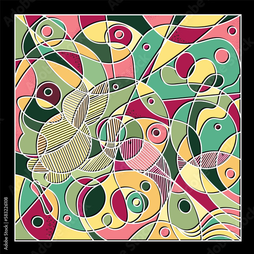 vector illustration in the style of abstractism with outlines of a cat and fish. stained glass bright composition
