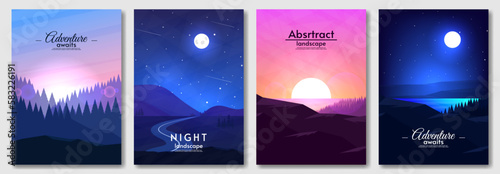 Vector illustration. Landscapes set. Flat style. Sunset and sunrise. Night with river. Design for, cover, poster, banner, touristic card. 
