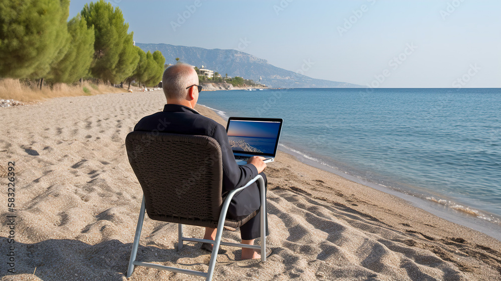 Work-Life Balance, Productive Businessman Working from a Beach with Ocean View, Generative AI
