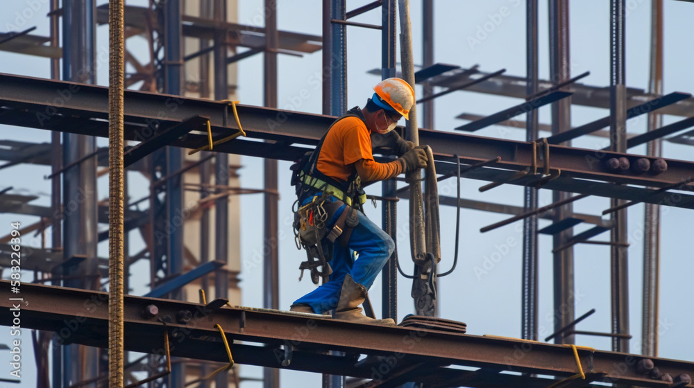 Construction Hardhat Required, Dedicated Worker Climbing and Building, Generative AI