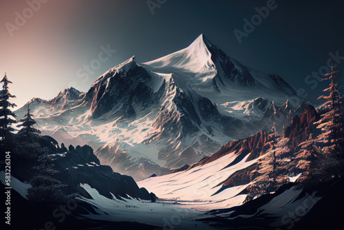 Generative AI Landscape of a snow-capped mountain at dawn