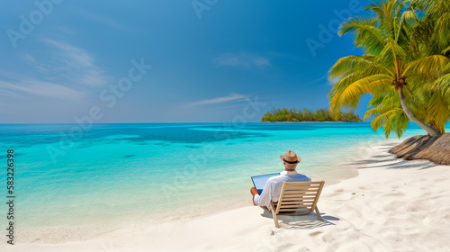 Living the Dream: Businessman Working Remotely from a Beach, Generative AI © BPawesome