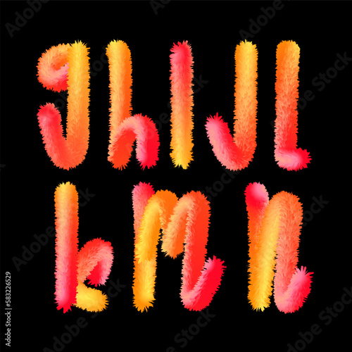 3D fluffy font furry alphabet, fuzzy chubby letters G, H, I, J, L, K, M, N, vector illustration 10EPS