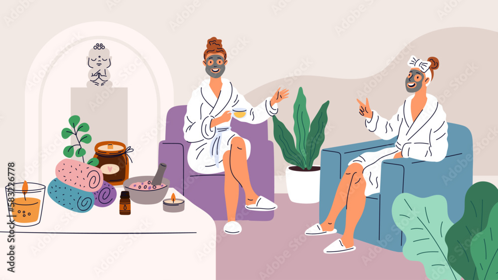 Girlfriends relax in spa. Women take skin care. People make cosmetic mask. Friends drinking herbal tea and having friendly conversation. Girls resting in armchairs. Garish vector concept Girlfriends relax in spa. Women take skin care. People make cosmetic mask. Friends drinking herbal tea and having friendly conversation. Girls resting in armchairs. Garish vector concept