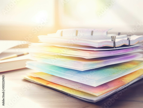 A stack of documents with a colorful highlighter marking out important information necessary for efficient workflow.. AI generation.