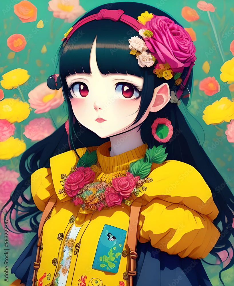 Cute anime girl in yellow dress dark hair with flowers fantasy