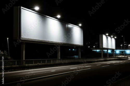 Signs guiding the way in the darkness. Blank empty billboard mock up. AI generation.