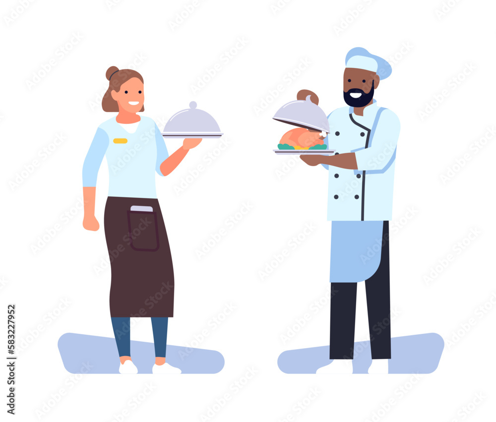 Happy restaurant chef and waitress girl holding metal dish with meal. Cafe staff. Workers in uniform holding food plates. Catering service. Cooking and serving dinner. Vector concept