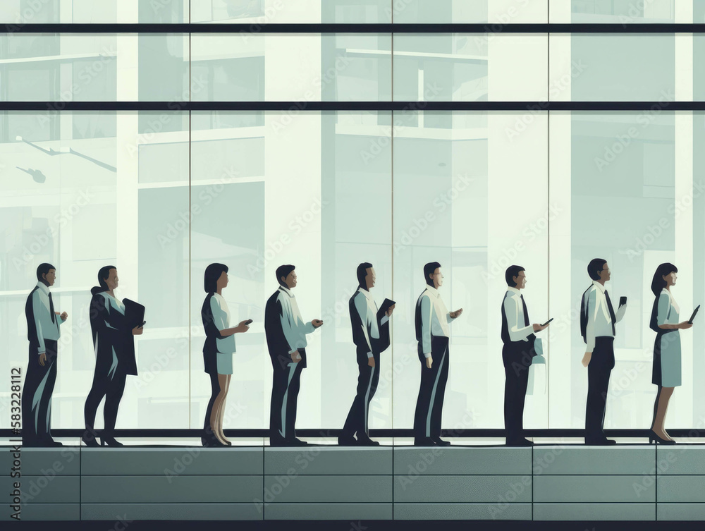 A line of people wearing corporate uniforms shuffling in and out of an office building emphasizing the need for a business dress code.. AI generation. A line of people wearing corporate uniforms shuffling in and out of an office building emphasizing the need for a business dress code.. AI generation.