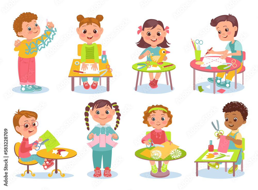 Kids paper craft. Children make decorations. Boys and girls glue applications of colored pages. Origami and garlands. Cut and paste sheets. Students sitting at tables. Splendid vector set Kids paper craft. Children make decorations. Boys and girls glue applications of colored pages. Origami and garlands. Cut and paste sheets. Students sitting at tables. Splendid vector set