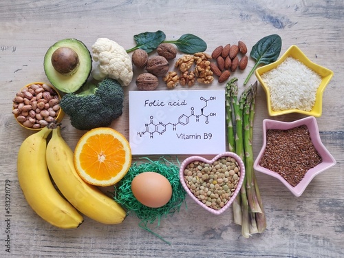 Food rich in folic acid (vitamin B9) with structural chemical formula of folic acid. Natural food sources of vitamin B9. Natural products containing folic acid. Asparagus, avocado, broccoli, nuts, egg