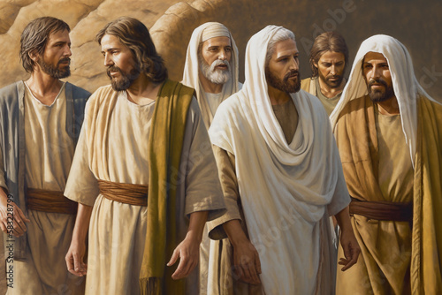 Obraz na plátně Painting of Jesus walks and talks with the apostles - Ai generative