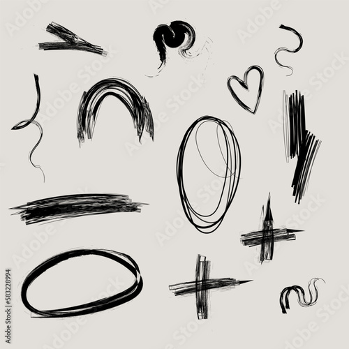 Scribble doodle abstract grunge brush stroke elements for scrapbooking, collage, handdrawn set collection wavy comic art scratch mark trendy drawing.