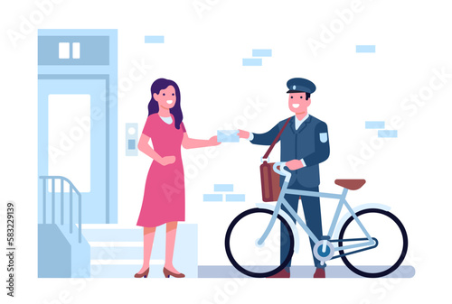 Letter carrier with bag delivered mail to address and gave it woman. Female receiving correspondence. Postman with bicycle. House door porch. Postal courier in uniform. Vector concept