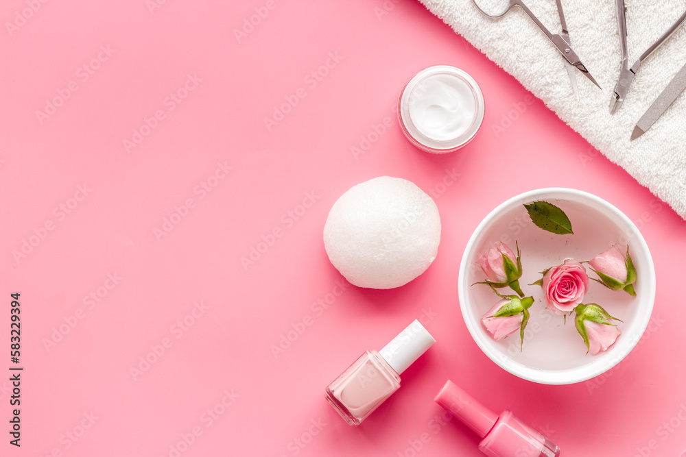 Manicure accessories with roses and towel. Beauty care salon spa. Manicure accessories with roses and towel. Beauty care salon spa.