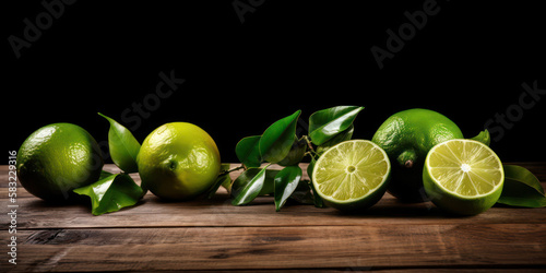 Lemon, lime and mint are juicy ripe citrus fruits on an old wooden table. Mojito cocktail ingredients. agriculture. generative AI