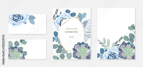 Set of floral cards with cactus, eucalyptus, gold elements and blue rose. Vector illustration with flowers on white background for wedding, greeting cards