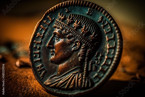 Close-up of a copper coin from the reign of the Roman Emperor Constantius I Magnus. Generative AI photo