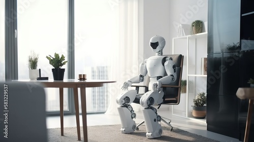 Artificial Intelligence concept. White humanoid robot sitting in an armchair © oleksandr.info
