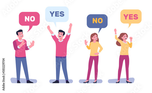 Man and woman express different opinions. People with speech bubbles. Agreement or disagreement. Communication problems. Persons say yes or no answers. Vector opposite decisions set