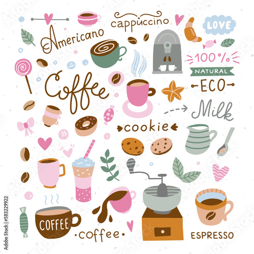 Coffee vector clipart. Cute coffee illustrations. Coffee cups and sweets collection