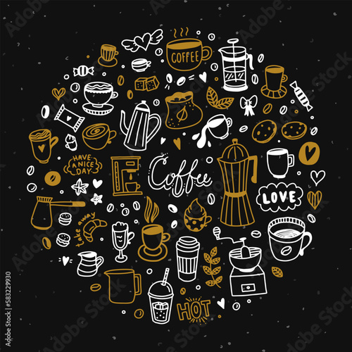 Hand drawn coffee doodles. Outline coffee vector illustrations. Cute cafe clipart