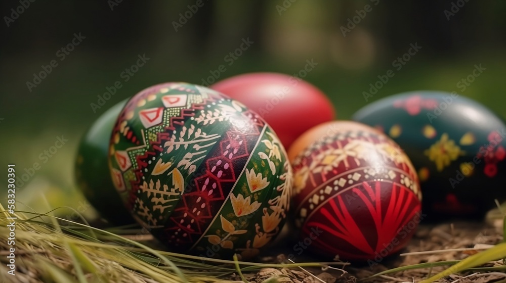 Easter eggs with Ukrainian ornament, sitting in the grass Easter eggs with Ukrainian ornament, sitting in the grass