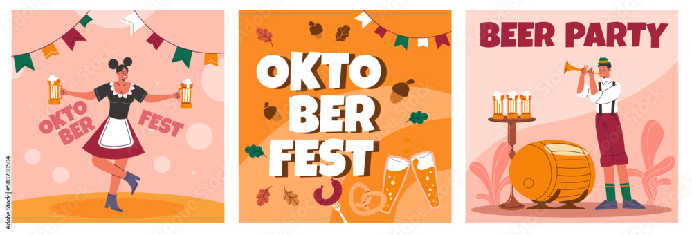 Oktoberfest cards. Bavarian big festival. German traditional autumnal holiday. Annual beer celebration. Drinks and snacks. Party invitation. People in national costumes. Recent vector set