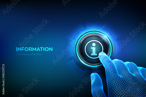 Information button. Info and Faq icon. Closeup finger about to press a button. Vector illustration.