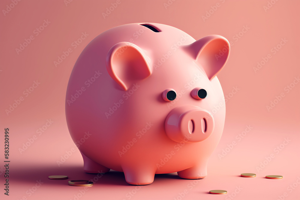Pink piggy bank with golden coins scattered around. Generative AI. Pink piggy bank with golden coins scattered around. Generative AI.