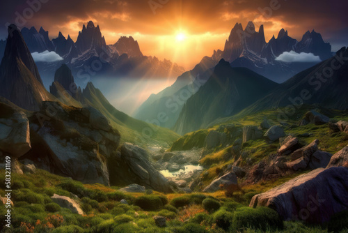 amazing landscape background with mountain peaks. generative ai