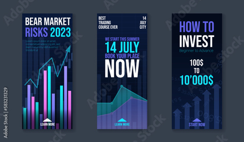 Social media post set for trading schools and courses. Template design collection with candle stick chart graphs and editable text. Vector background with trendy illustrations and neon colors