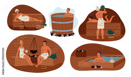 People bathing in sauna. Public steam bath therapy. Happy men and women steaming and washing. Spa or beauty procedure. Relaxation and body detox. Garish vector bathhouse scenes set
