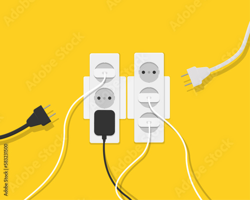 Multi-socket adapter, electrical extension cord. Many plugs, wires and electrical appliances are included in the socket. Overload of the electrical network. Vector illustration.
