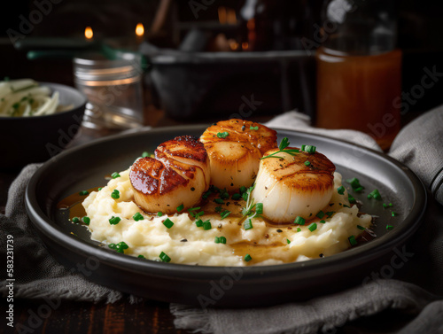 Scallops with mashed potatoes on a ceramic plate. generative AI