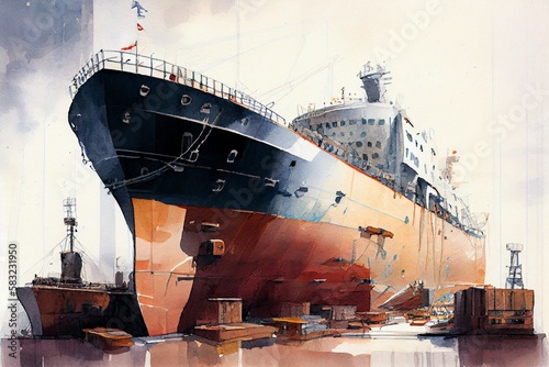 Watercolor Illustration of a Huge Ships In The Building Shop, Marine Industry. Generative AI