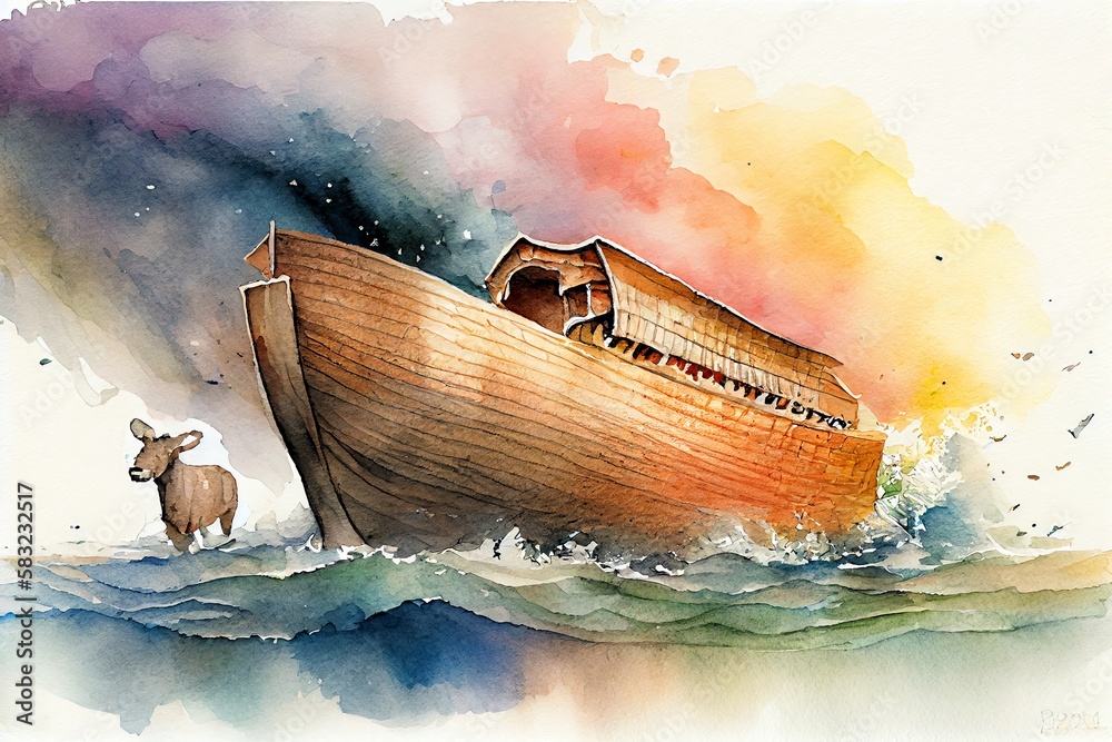 Poster Print Watercolor Illustration of a NoahS Ark Boat In The Genesis Flood 40x26.7 cm