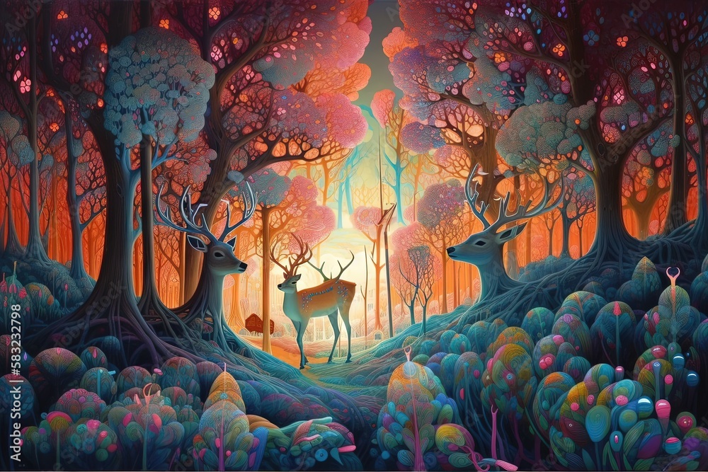 Obraz premium Une forêt enchantée avec des cerfs et beaucoup de fleurs et de plantes avec une ambiance colorée. Idéal comme fond d'écran.