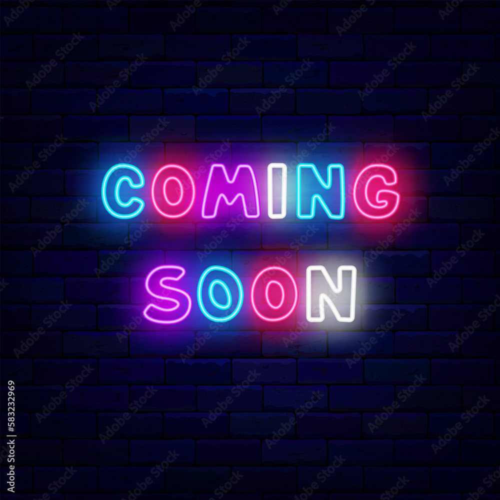 Coming soon neon signboard. Party and sale preparation. Pop art kid design. Event celebration. Vector stock illustration Coming soon neon signboard. Party and sale preparation. Pop art kid design. Event celebration. Vector stock illustration