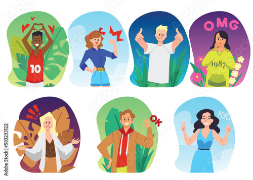 Happiness stickers with people showing positive gestures, flat vector isolated.