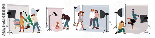 Photographic studio. Photographers shooting pets and people. Cameraman making snapshots. Story and thematic photo shoots. Fashion models pose for frame backstage. Garish vector set