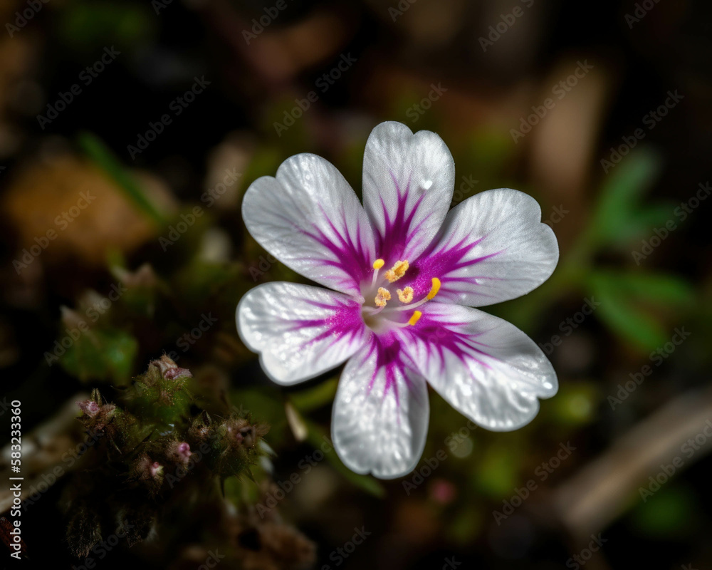 A tiny white flower surrounded by magenta blossoms in the same . Trendy color of 2023 Viva Magenta.. AI generation.
