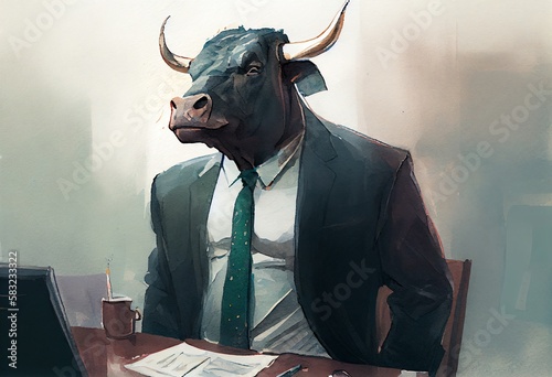 Watercolor Illustration of a A Bull Dressed In A Business Suit At The Office. Generative AI