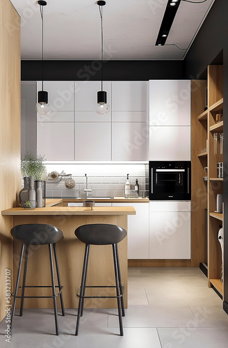 Generative AI illustration of Modern design kitchen furnished in various colors with all appliances and natural light