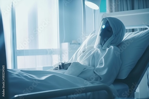 End of technology concept: Cyborg at the deathbed in hospital. photo